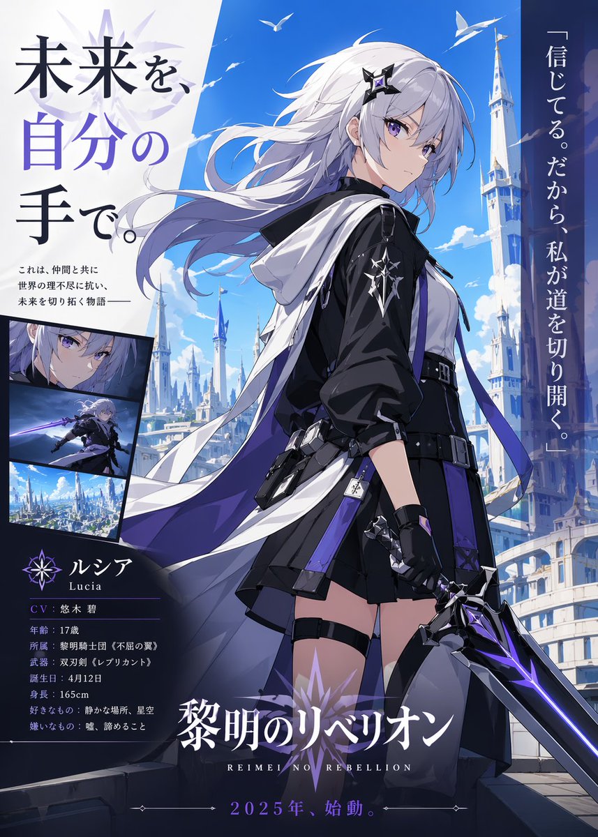 Anime Heroine Promo Poster Qwen Image prompt example: A high-end Japanese-style anime key visual poster featuring a silver-haired swordswoman, fantasy sci-fi city backdrop, and...