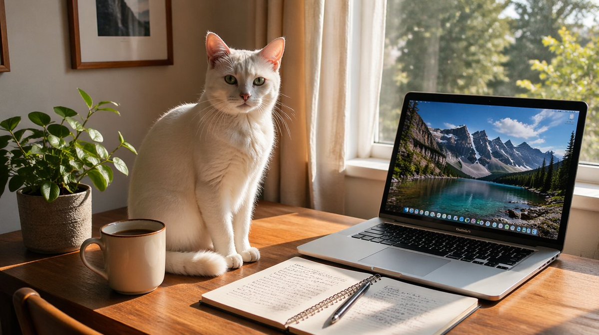 Sunlit Desk with White Cat and Laptop Qwen Image 프롬프트 예시: This prompt generates a cozy realistic lifestyle photo of a white cat on a sunlit desk beside a laptop, coffee,...