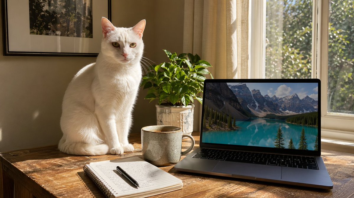 Sunlit Desk with White Cat and Laptop Qwen Image 프롬프트 예시 변형 2: This prompt generates a cozy realistic lifestyle photo of a white cat on a sunlit desk beside a laptop, coffee,...