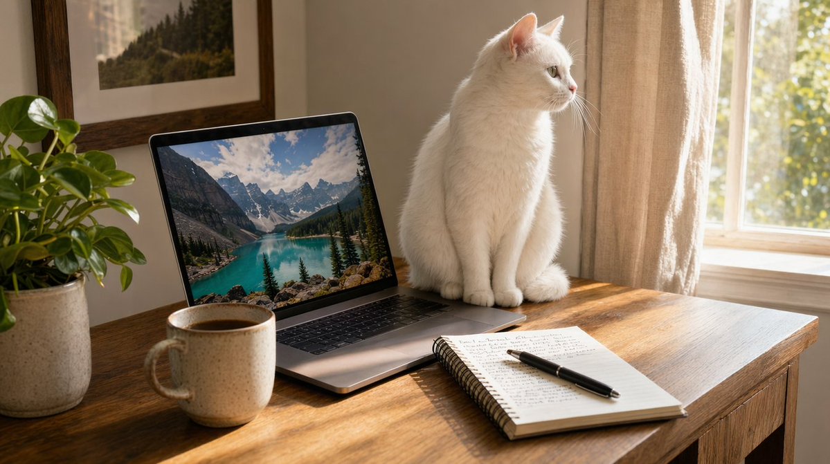 Sunlit Desk with White Cat and Laptop Qwen Image 프롬프트 예시 변형 3: This prompt generates a cozy realistic lifestyle photo of a white cat on a sunlit desk beside a laptop, coffee,...