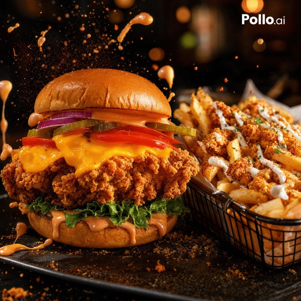 Cinematic Fried Chicken Burger Ad Qwen Image 프롬프트 예시: This prompt generates a photorealistic restaurant-style advertising image of a crispy chicken burger with loaded fries,...