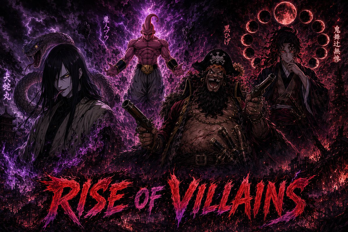 Dark Anime Villains Crossover Poster のQwen Imageプロンプト例: This prompt generates a dramatic gothic crossover poster of four iconic anime-style villains for use as striking key art,...