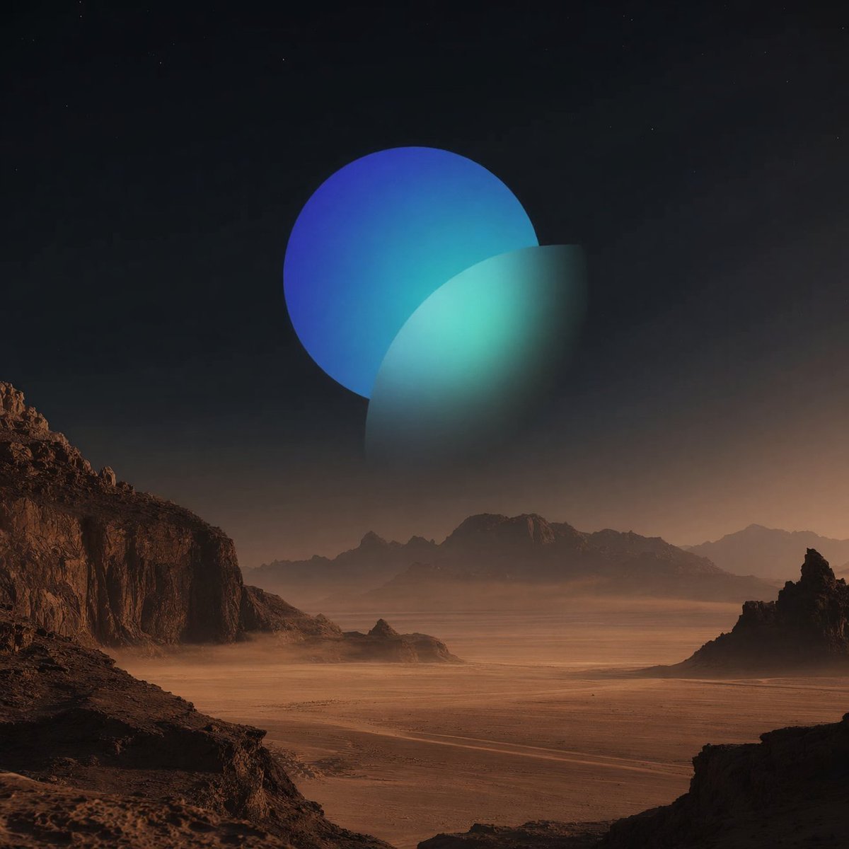 Surreal Desert with Twin Celestial Spheres GPT Image 2 prompt example: This prompt generates a minimalist cinematic sci-fi landscape with two giant glowing planets over a misty...