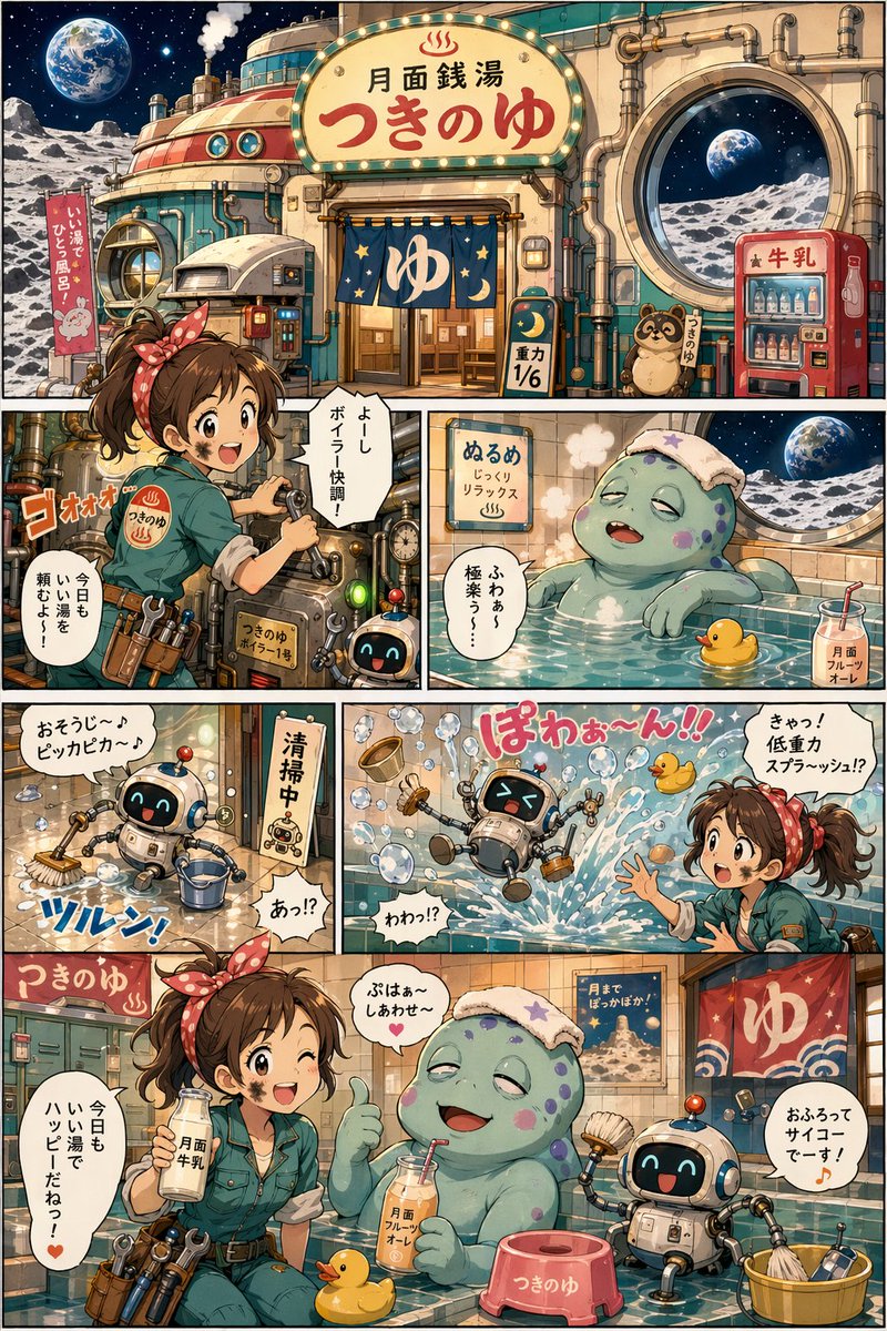 Moon Bathhouse Manga Page のQwen Imageプロンプト例: A colorful retro-futurist Japanese manga page showing a lunar public bathhouse, used for creating whimsical sci-fi comic art with...
