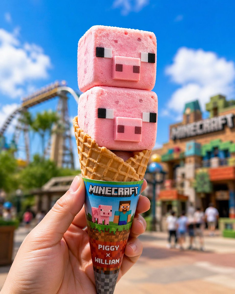 Co-branded IP Ice Cream Design Qwen Image 프롬프트 예시: A creative prompt for a playful pixel-themed strawberry ice cream cone set in a theme park.