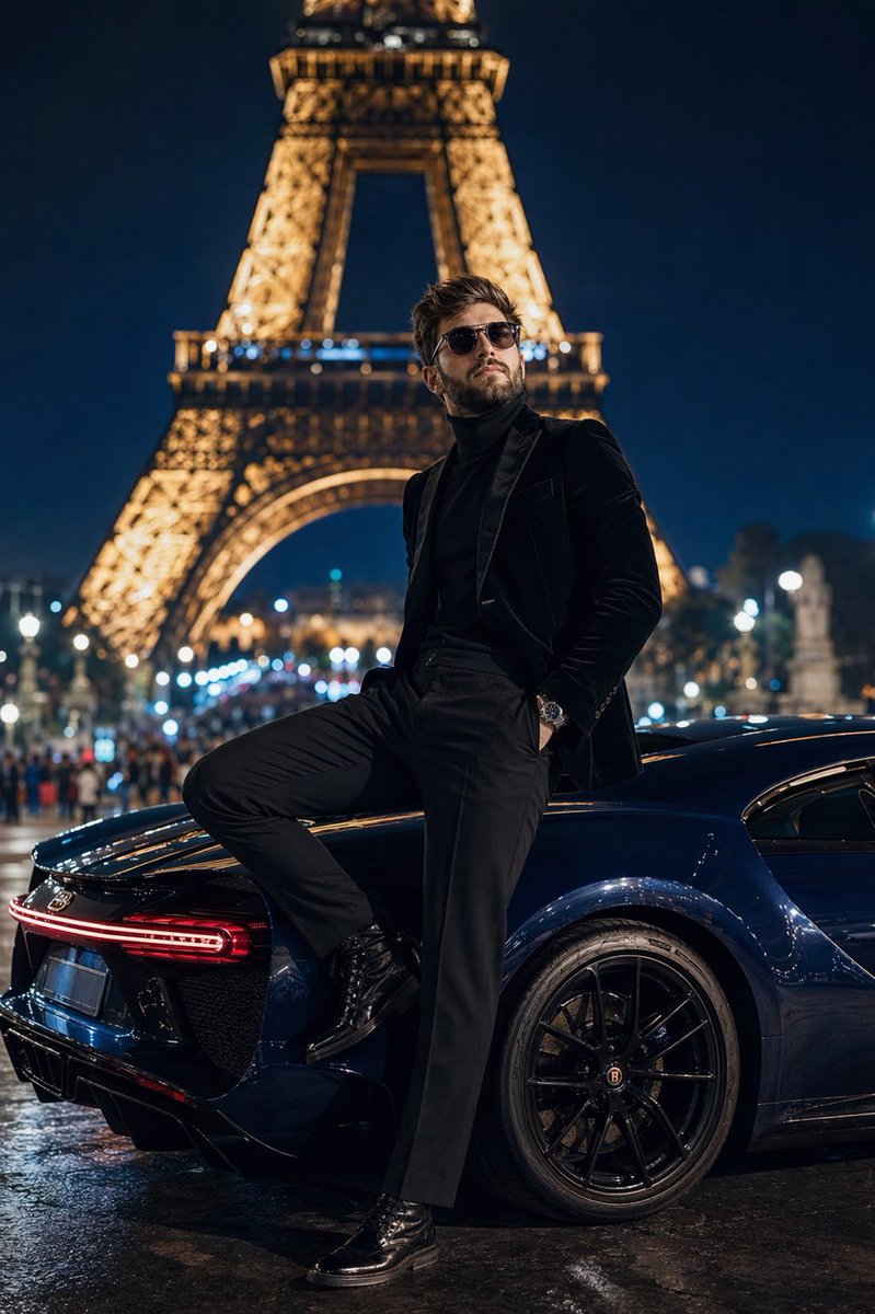 Cinematic Paris Fashion Shot Qwen Image 프롬프트 예시: A sophisticated fashion photography prompt that integrates a specific face reference into a dramatic night scene in Paris.