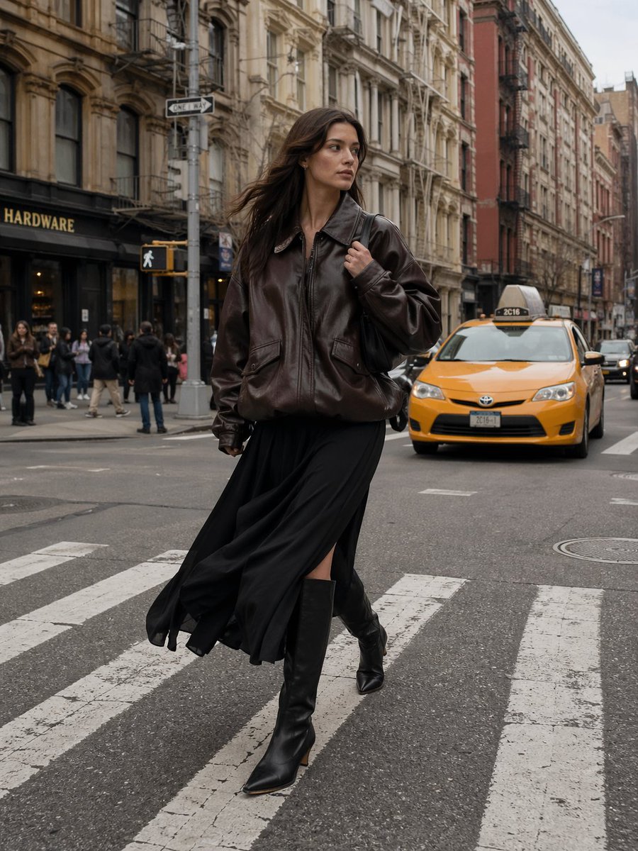 Urban Street Fashion Photography Qwen Image 프롬프트 예시: A street-style fashion photography prompt for a dynamic urban shot with soft ambient lighting and a shallow depth of field.