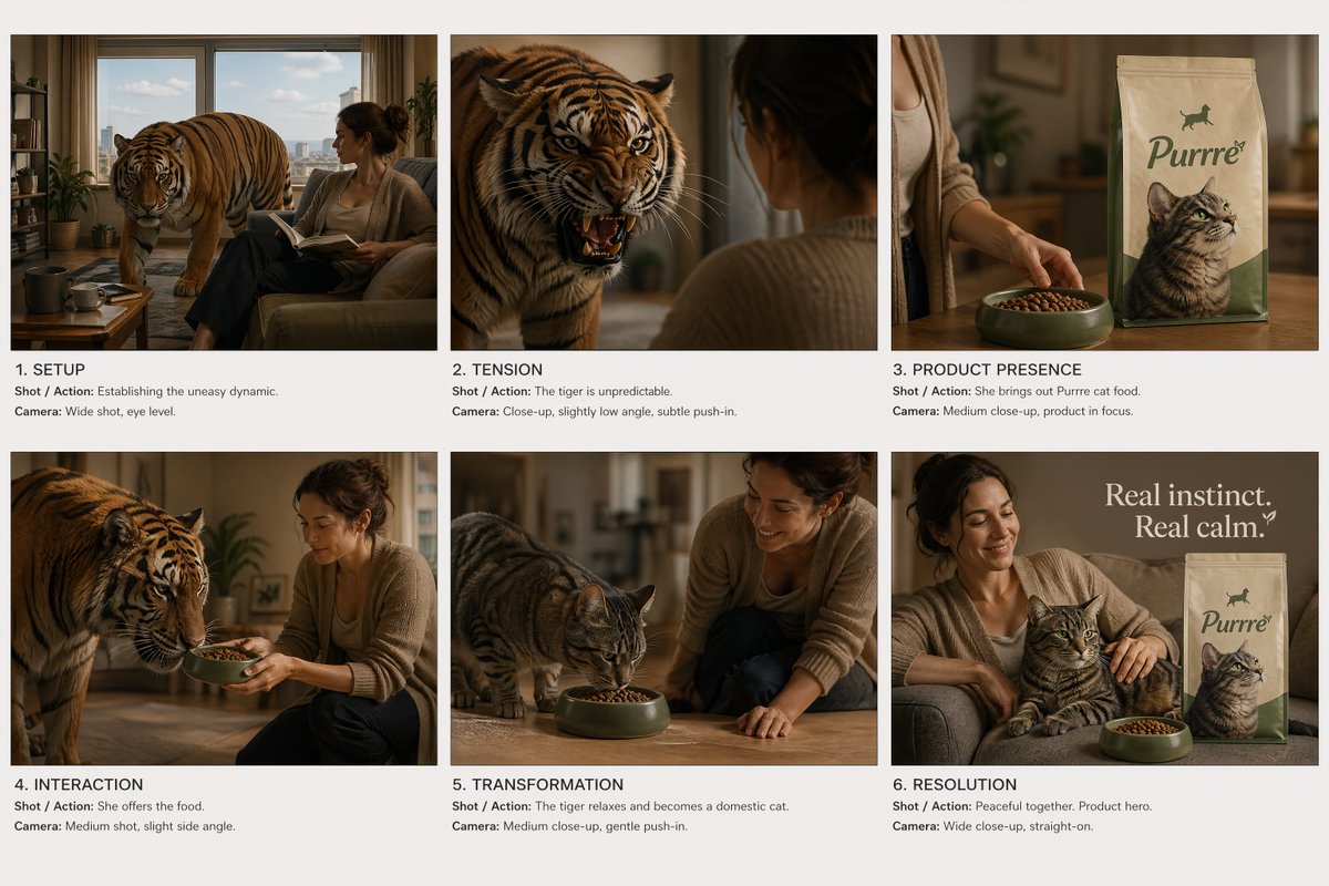 Commercial Ad Storyboard Layout REVE 2 prompt example: A highly structured prompt for generating a six-panel commercial storyboard layout with consistent characters and a...