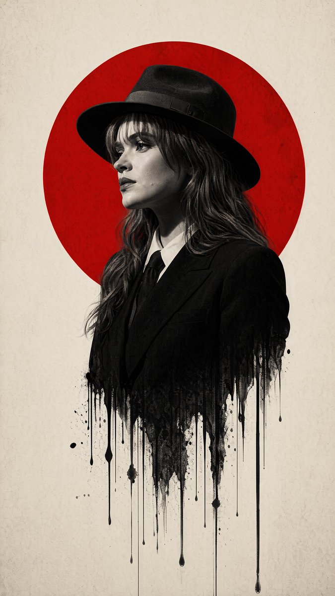 Minimalist Film Noir Poster Qwen Image prompt example variation 2: A high-contrast graphic design prompt for a poster featuring a man in a fedora with a melting ink effect...