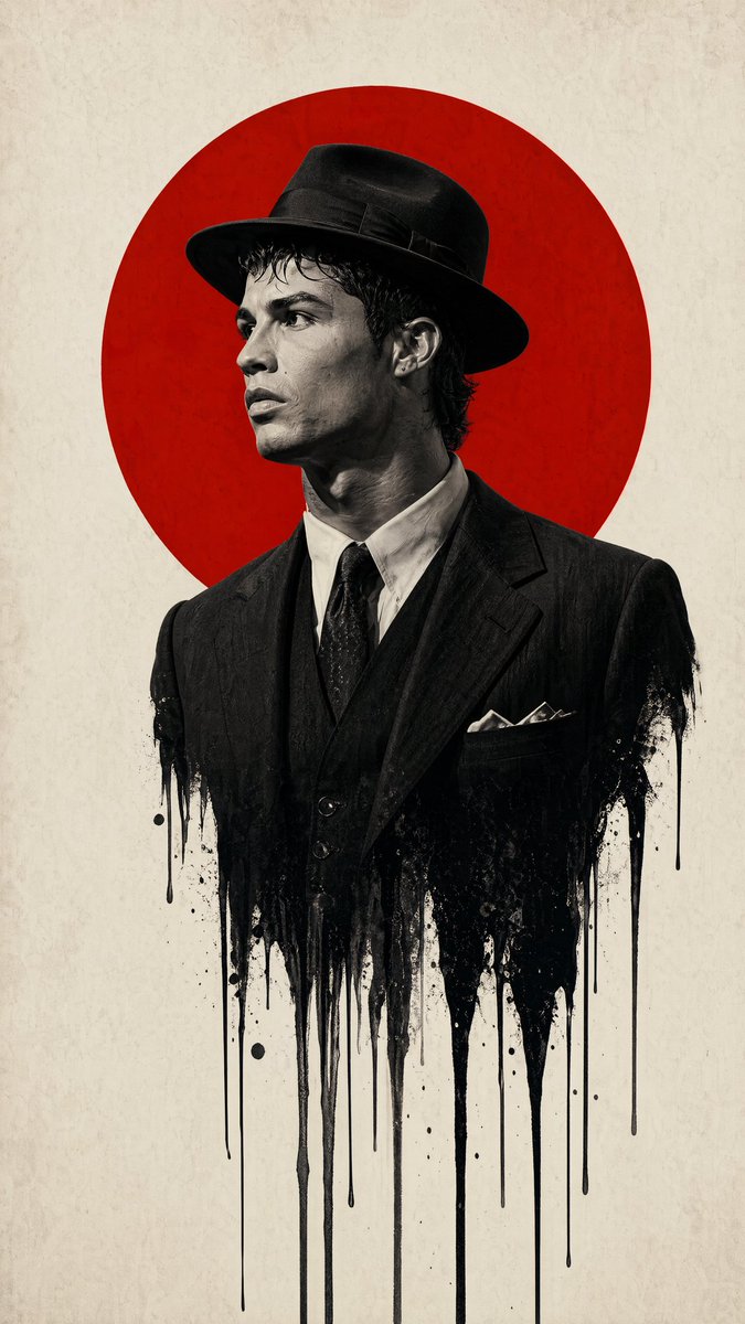Minimalist Film Noir Poster Qwen Image prompt example: A high-contrast graphic design prompt for a poster featuring a man in a fedora with a melting ink effect against a vibrant...
