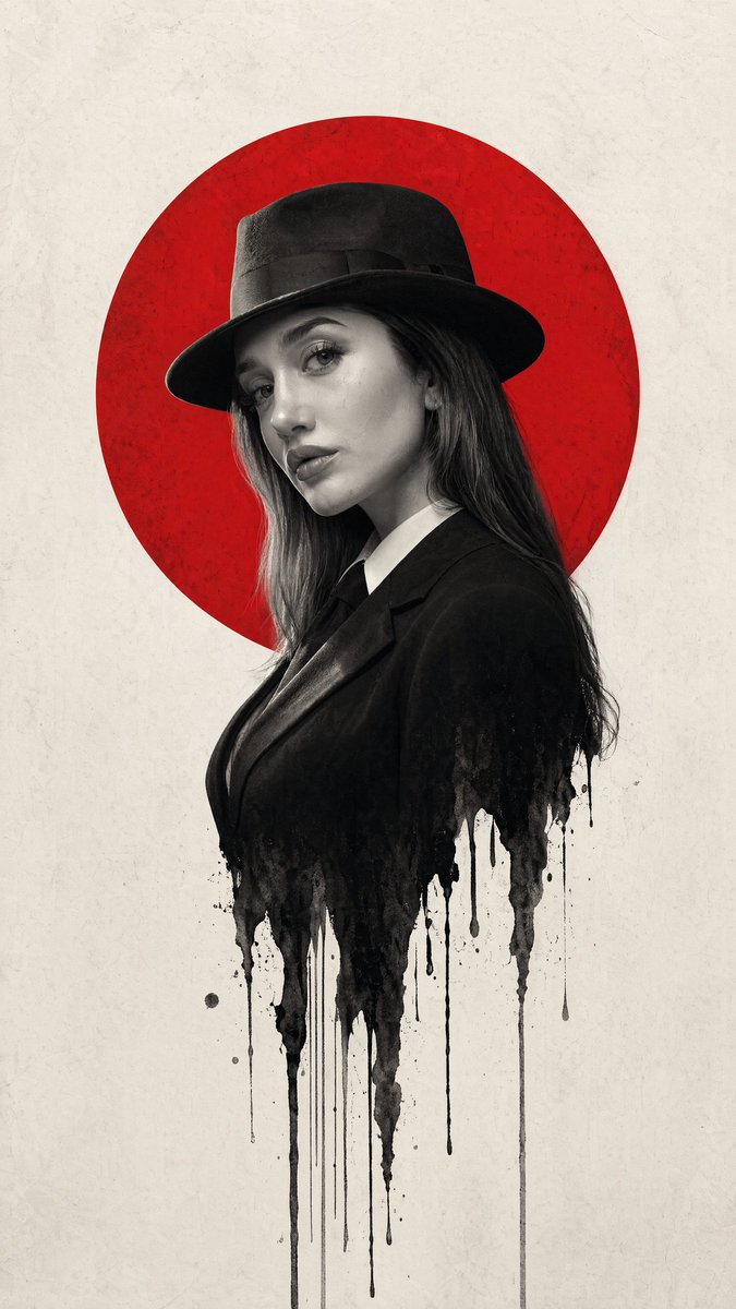 Minimalist Film Noir Poster Qwen Image prompt example variation 3: A high-contrast graphic design prompt for a poster featuring a man in a fedora with a melting ink effect...