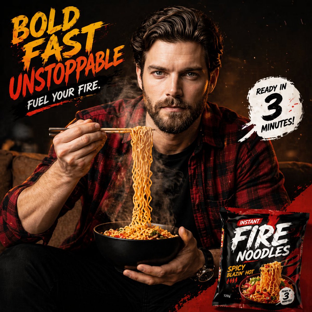 Energetic Food Advertisement 的 GPT Image 2 提示词示例图:A prompt for a bold advertisement scene showing a person eating instant noodles, used in conjunction with video AI.