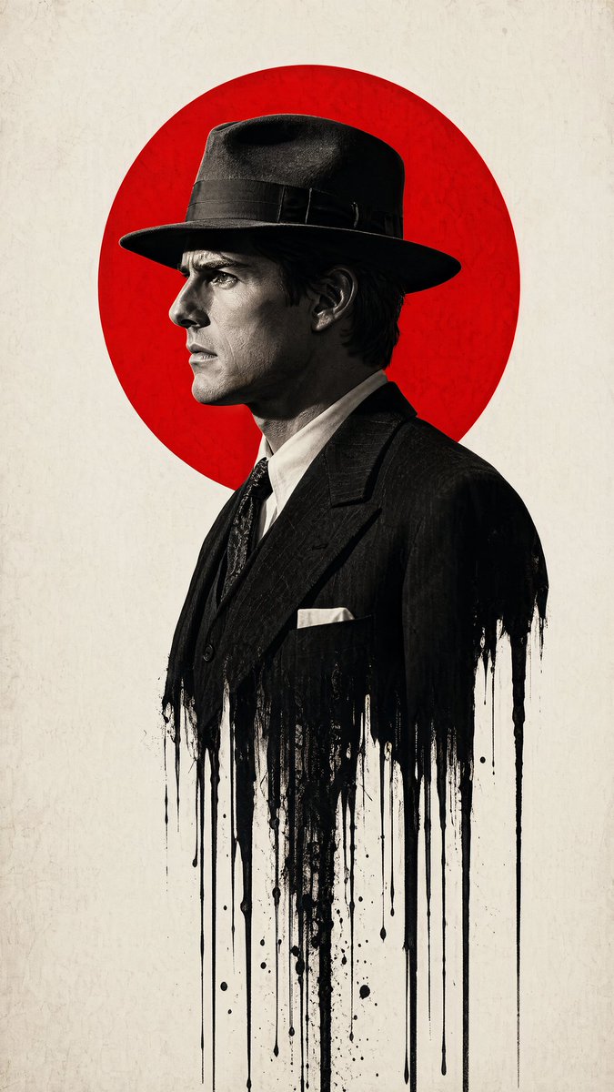 Minimalist Film Noir Poster Qwen Image prompt example variation 4: A high-contrast graphic design prompt for a poster featuring a man in a fedora with a melting ink effect...