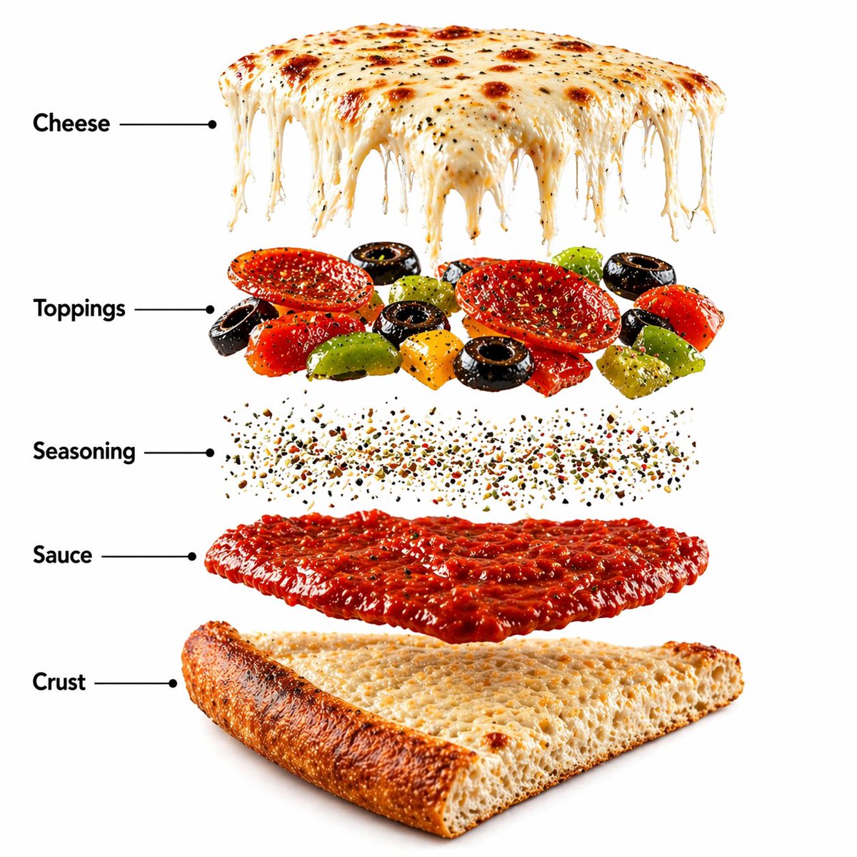 Pizza Food Photography and Infographic のQwen Imageプロンプト例: A set of prompts for generating high-end food product photography and vertical infographics of a gourmet pizza slice.