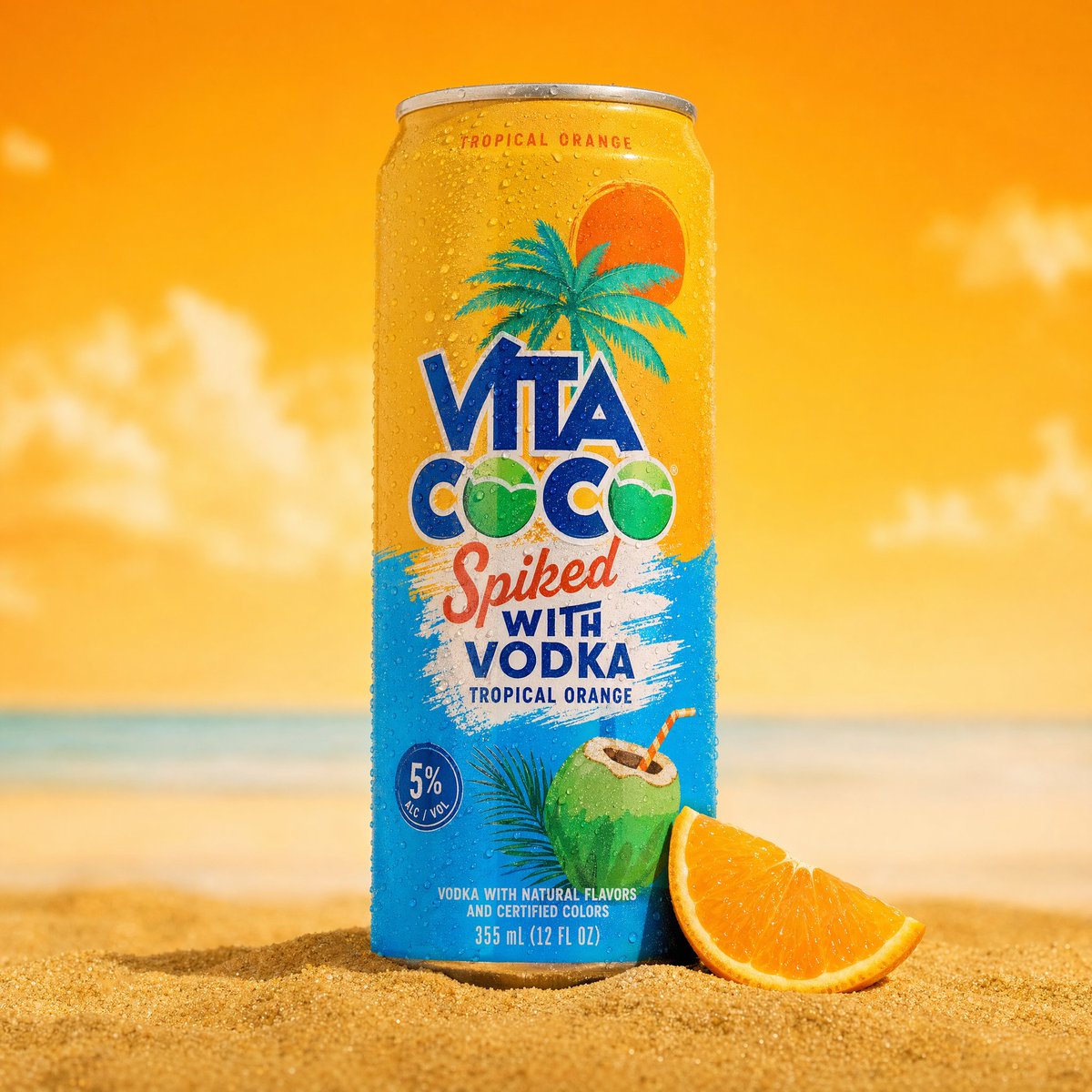 Tropical Product Photography GPT Image 2 prompt example: A professional studio prompt for commercial product photography of a beverage can in a tropical beach setting with...