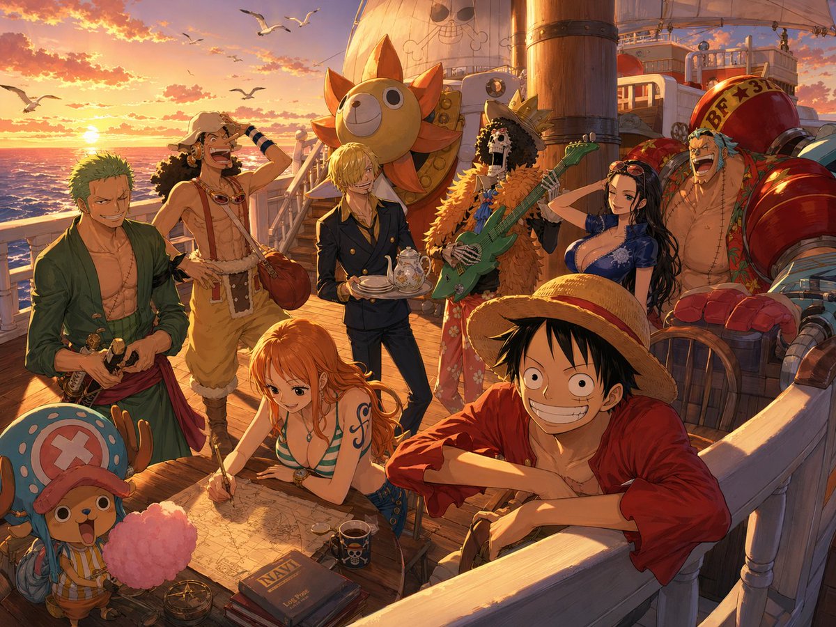 One Piece Straw Hat Crew at Sunset GPT Image 2 prompt example: Generates a detailed scene of the Straw Hat crew relaxing on the Thousand Sunny during golden hour, with specific...