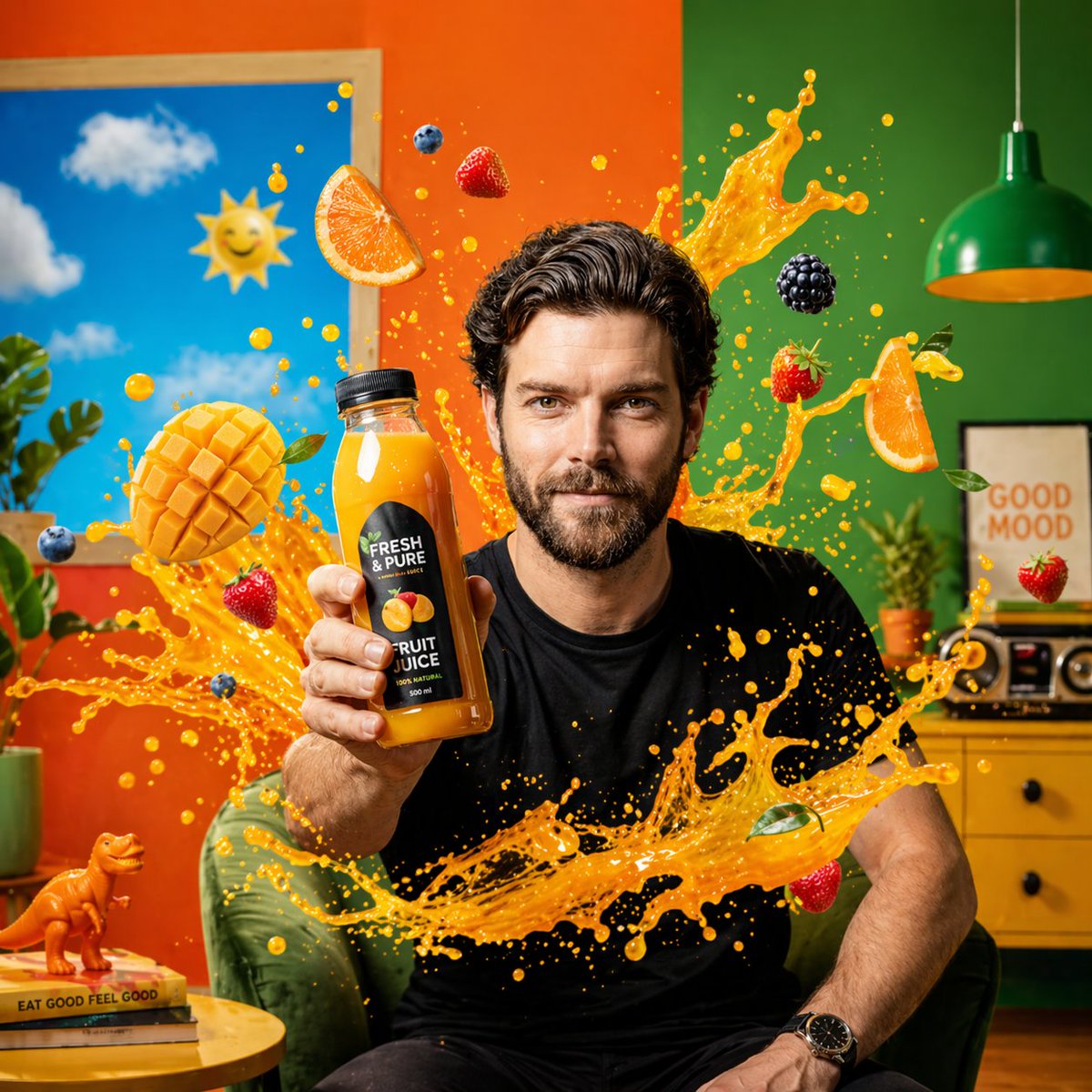 Energetic Juice Advertisement Scene GPT Image 2 prompt example: Generates a high-energy commercial photography scene featuring liquid splashes and vibrant colors, ideal for...