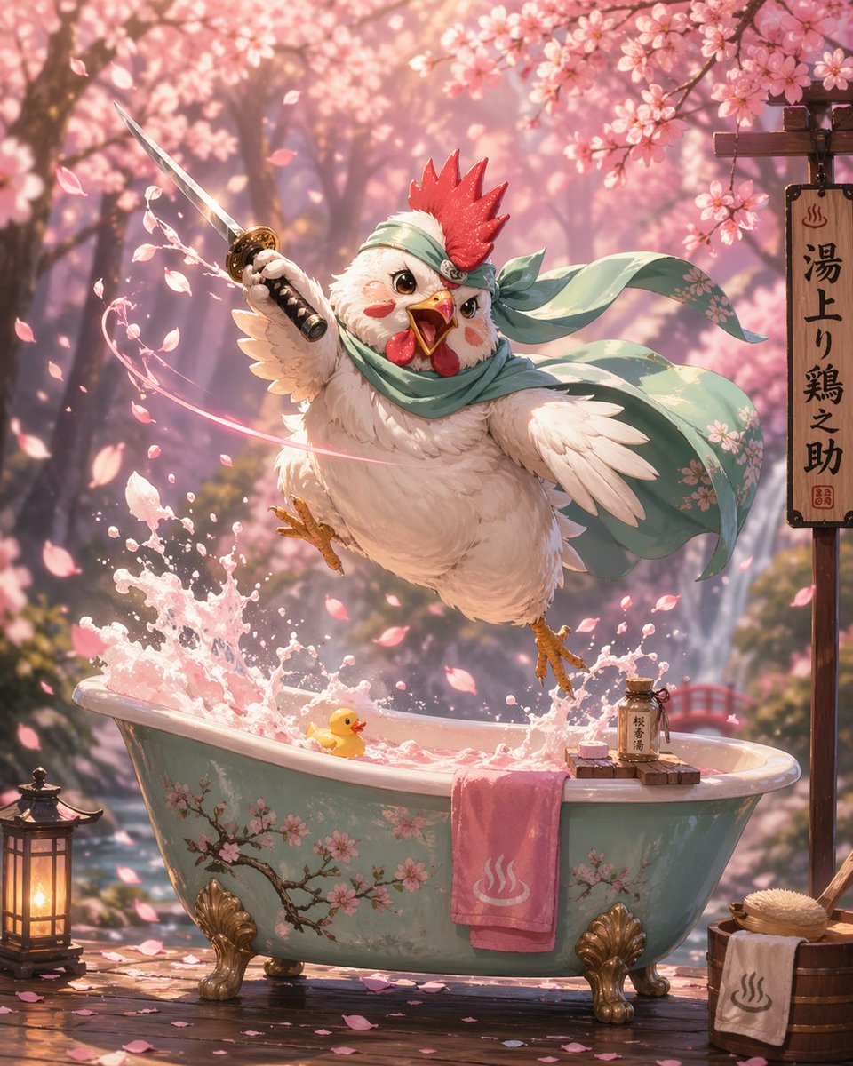 Samurai Chicken Bathtime Portrait のQwen Imageプロンプト例: An anime-style prompt featuring a warrior chicken with a katana amidst cherry blossoms, blending cute and action elements.