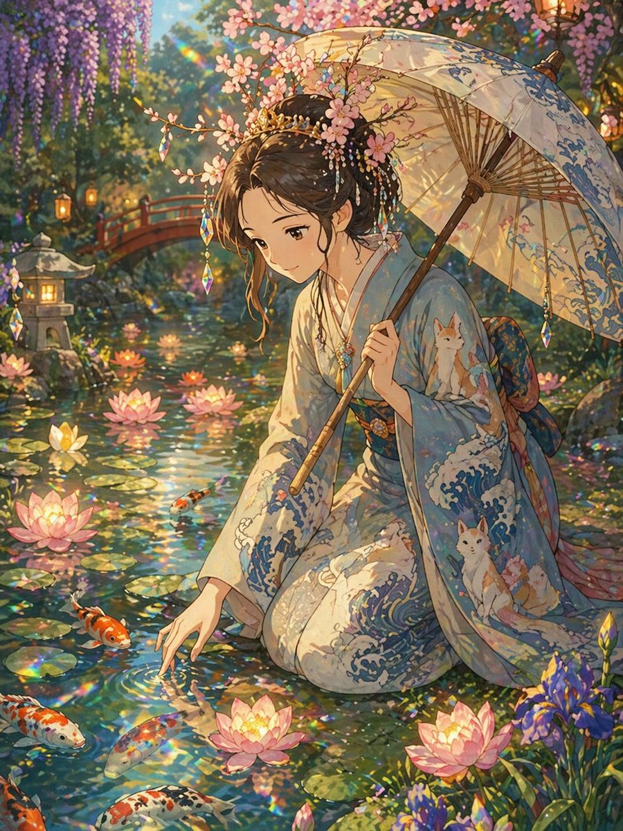 Ghibli Style Princess and Koi Pond Qwen Image prompt example: Creates a peaceful Ghibli-inspired scene of a princess by a koi pond, emphasizing soft lighting and intricate...