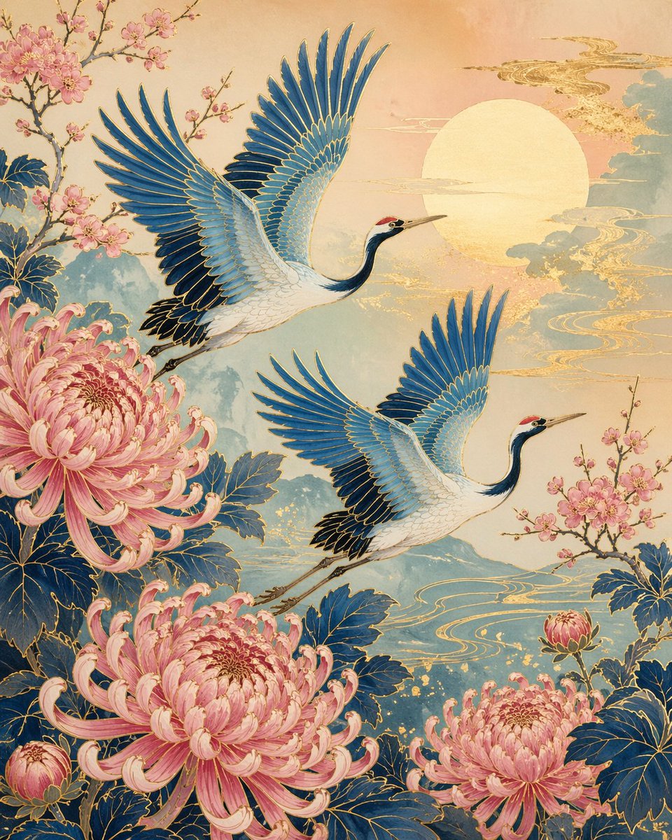 Japanese Crane and Chrysanthemum Art のQwen Imageプロンプト例: A detailed prompt for creating traditional Japanese-style art featuring blue cranes and pink chrysanthemums with elegant...