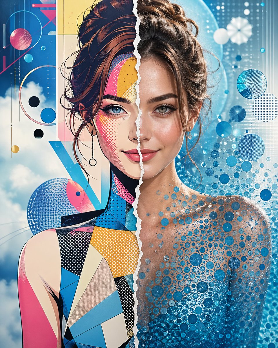 Split Style Artistic Portrait のQwen Imageプロンプト例: An artistic prompt for a split-face composition, contrasting futuristic pop art with hyper-realism using a creative torn-paper...
