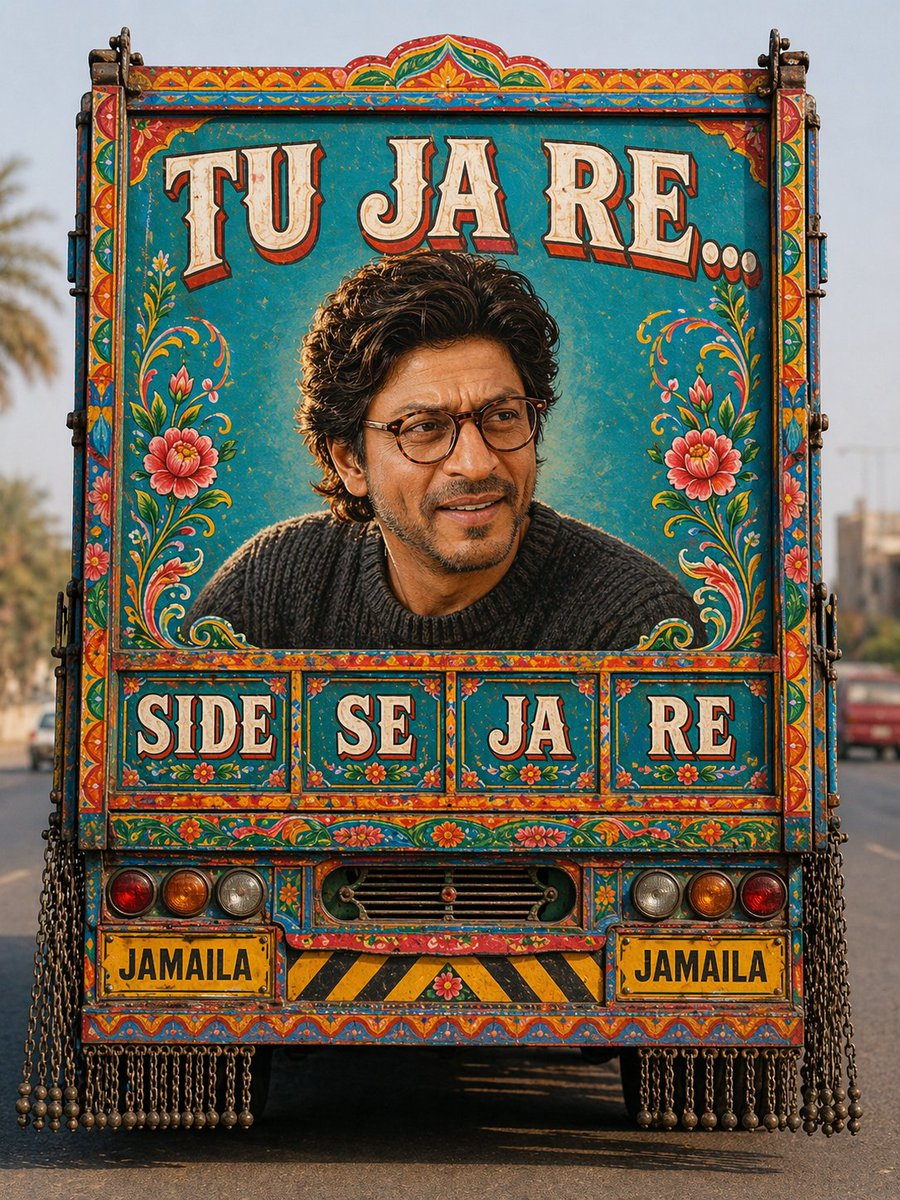 Pakistani Truck Art Portrait 的 Qwen Image 提示词示例图:Generates a highly realistic photo of the rear of a decorated Pakistani truck featuring custom hand-painted portraits and...