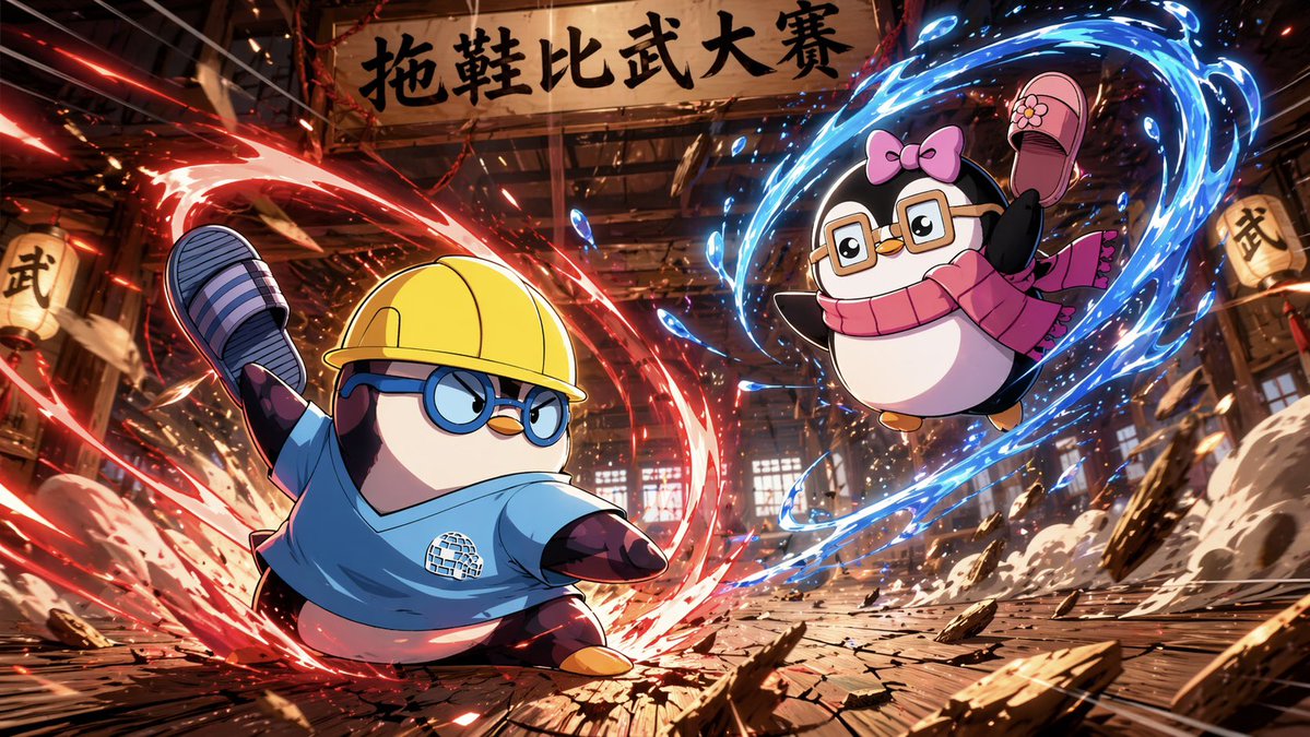 Penguin Martial Arts Dojo Duel のQwen Imageプロンプト例: A dynamic anime-style illustration prompt for a martial arts battle between two penguins in a traditional dojo featuring energy...