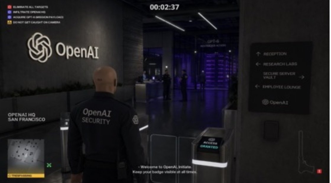 Hitman Game Screenshot Prompt のQwen Imageプロンプト例: Creates a stylized video game screenshot depicting a fictional mission to infiltrate AI company headquarters in the style of the...