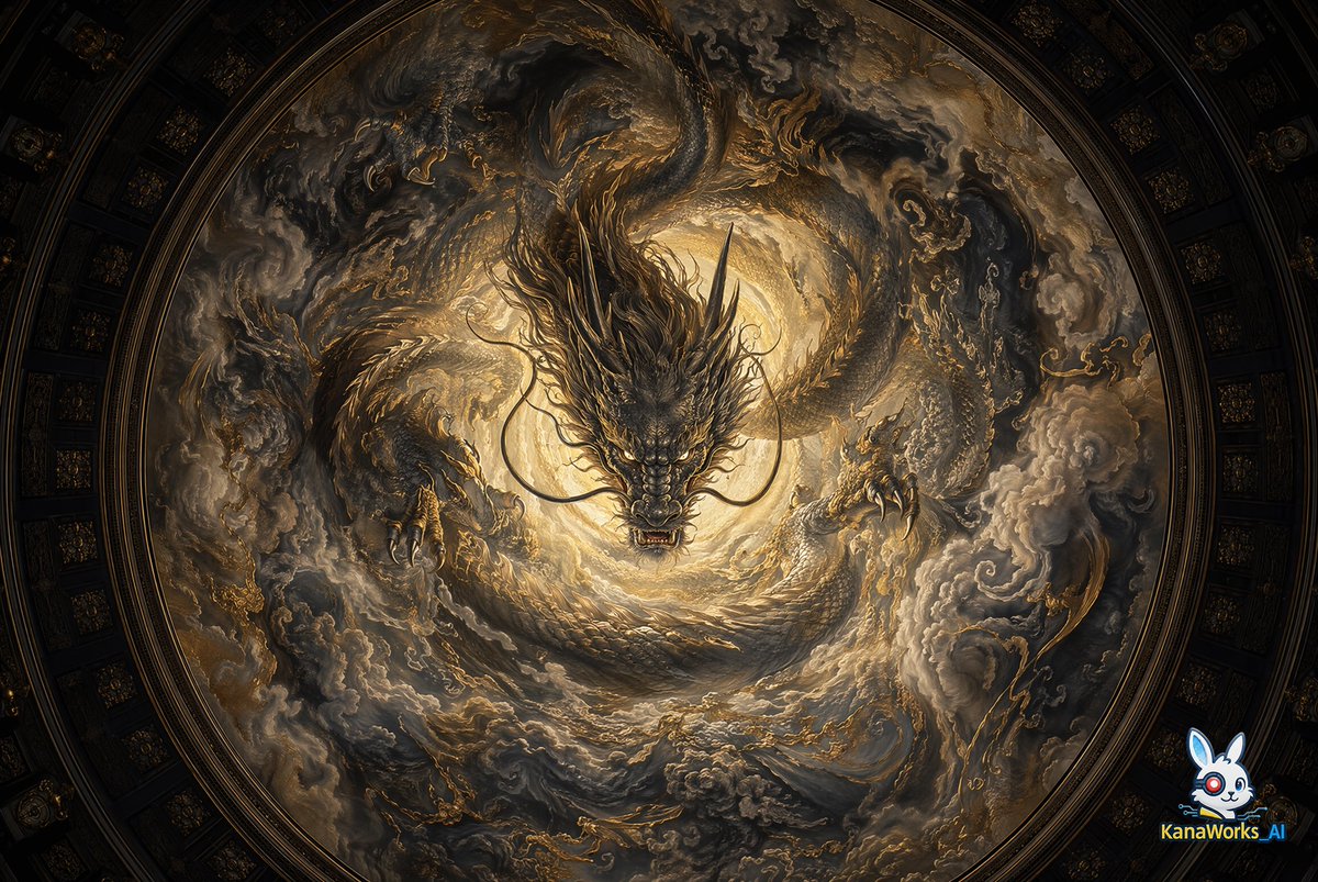 Museum-grade Crying Dragon Dome Mural GPT Image 2 prompt example: A high-end prompt for generating a centered, circular dome ceiling mural of a dragon, inspired by traditional...