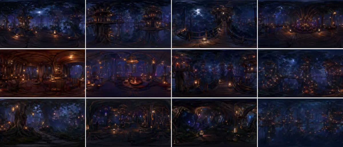 360-Degree Forest World Panorama Grid Qwen Image 프롬프트 예시: A sophisticated prompt for generating a 12-panel equirectangular panorama of a continuous forest world with cinematic...