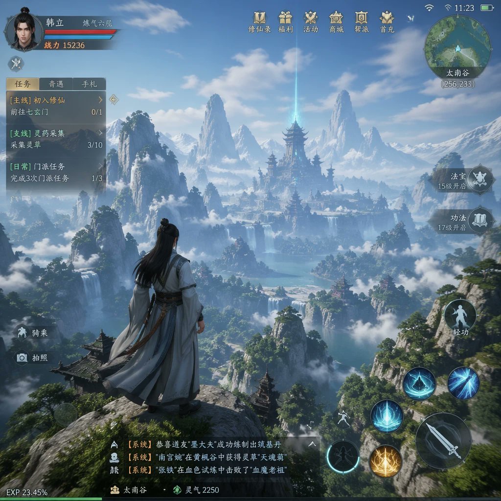 MMO Game World Screenshot のQwen Imageプロンプト例: A prompt for creating realistic game screenshots for an open-world ARPG based on a specific theme.