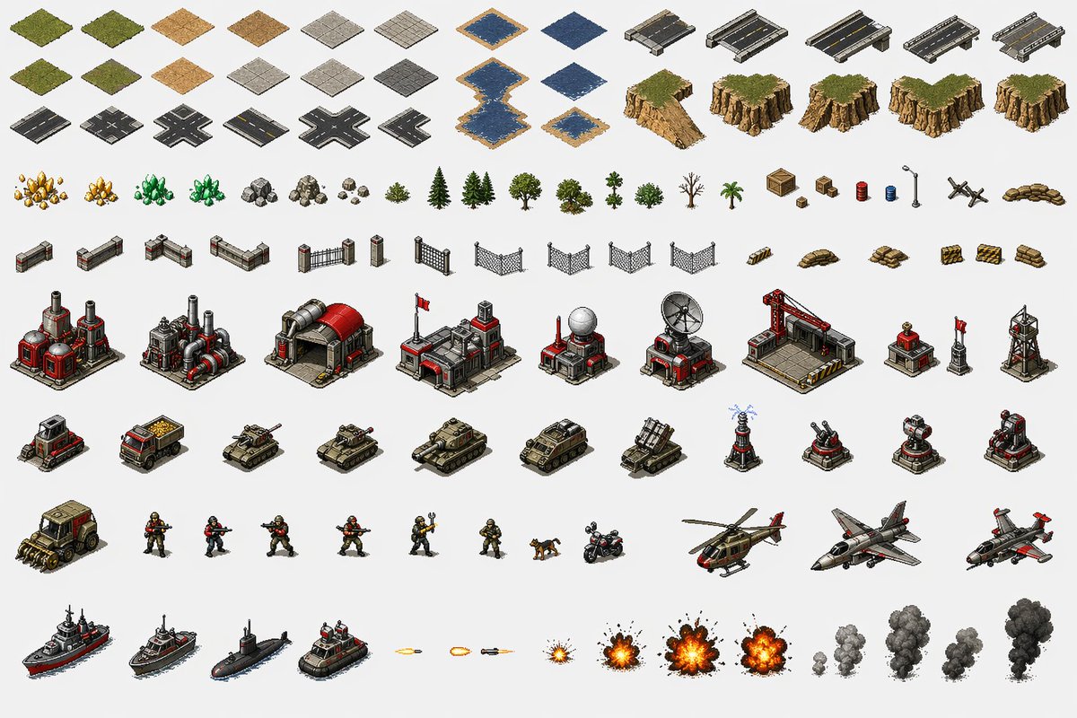 Red Alert Style Pixel Sprite Sheet のQwen Imageプロンプト例: A prompt for generating game assets, specifically pixel art sprite sheets based on the classic game Red Alert.