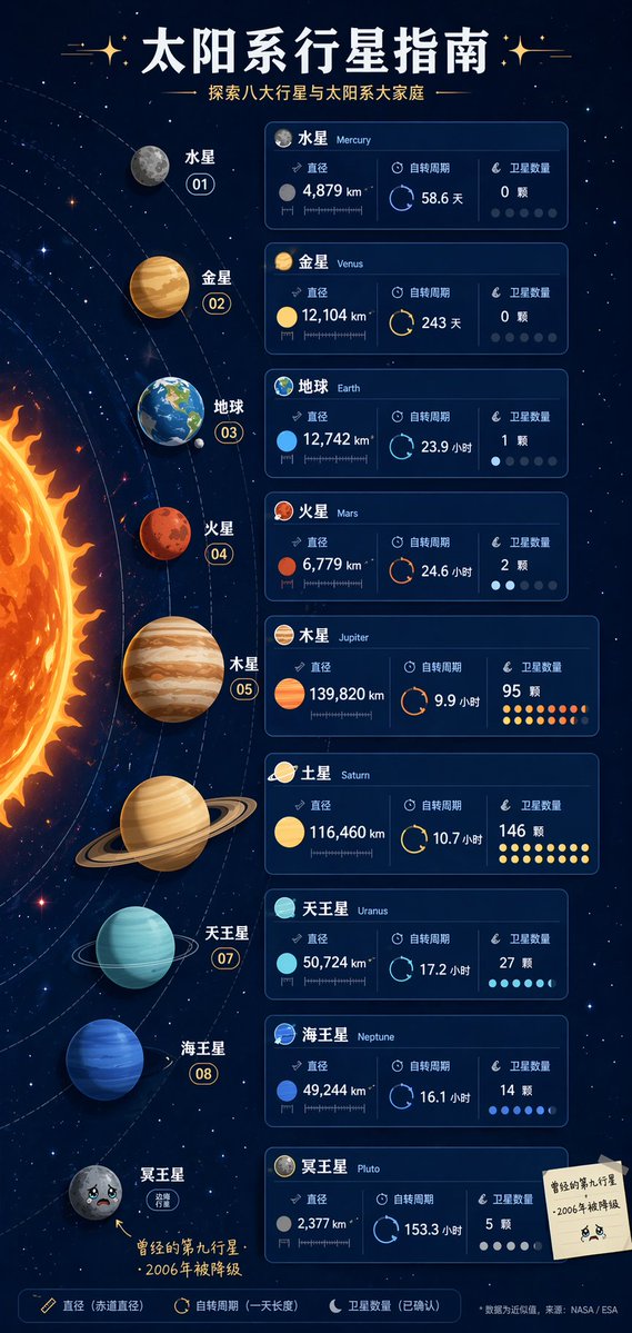 Solar System Infographic Poster Qwen Image 프롬프트 예시: A complex prompt for a vertical infographic poster of the solar system, including specific data cards and personality for Pluto.