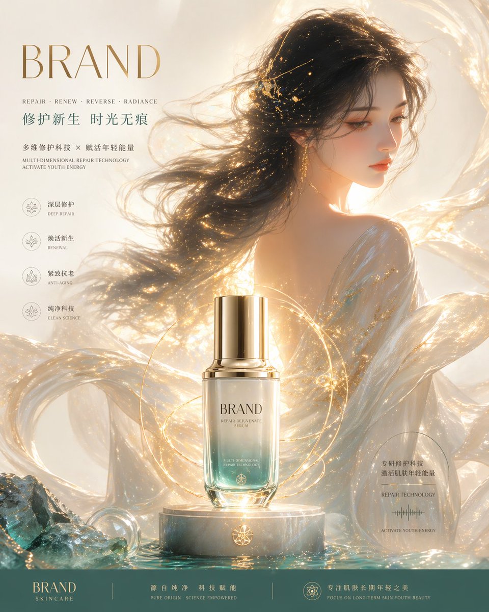 Luxury Skincare Brand Key Visual (KV) GPT Image 2 prompt example: An extremely detailed professional prompt for a high-end luxury skincare advertisement, combining Eastern...