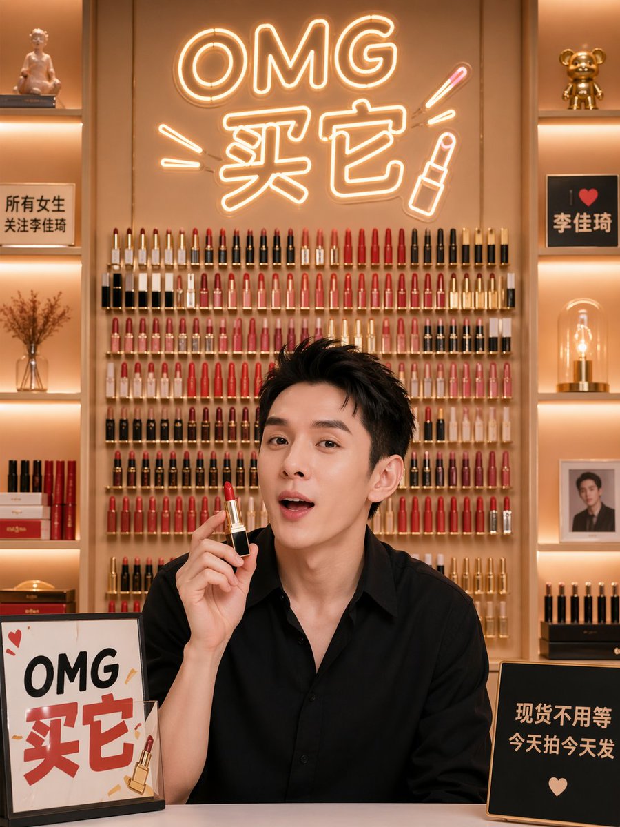 Influencer Live Stream Room Background GPT Image 2 prompt example: A prompt for generating a professional live-streaming background featuring a lipstick display wall and warm...