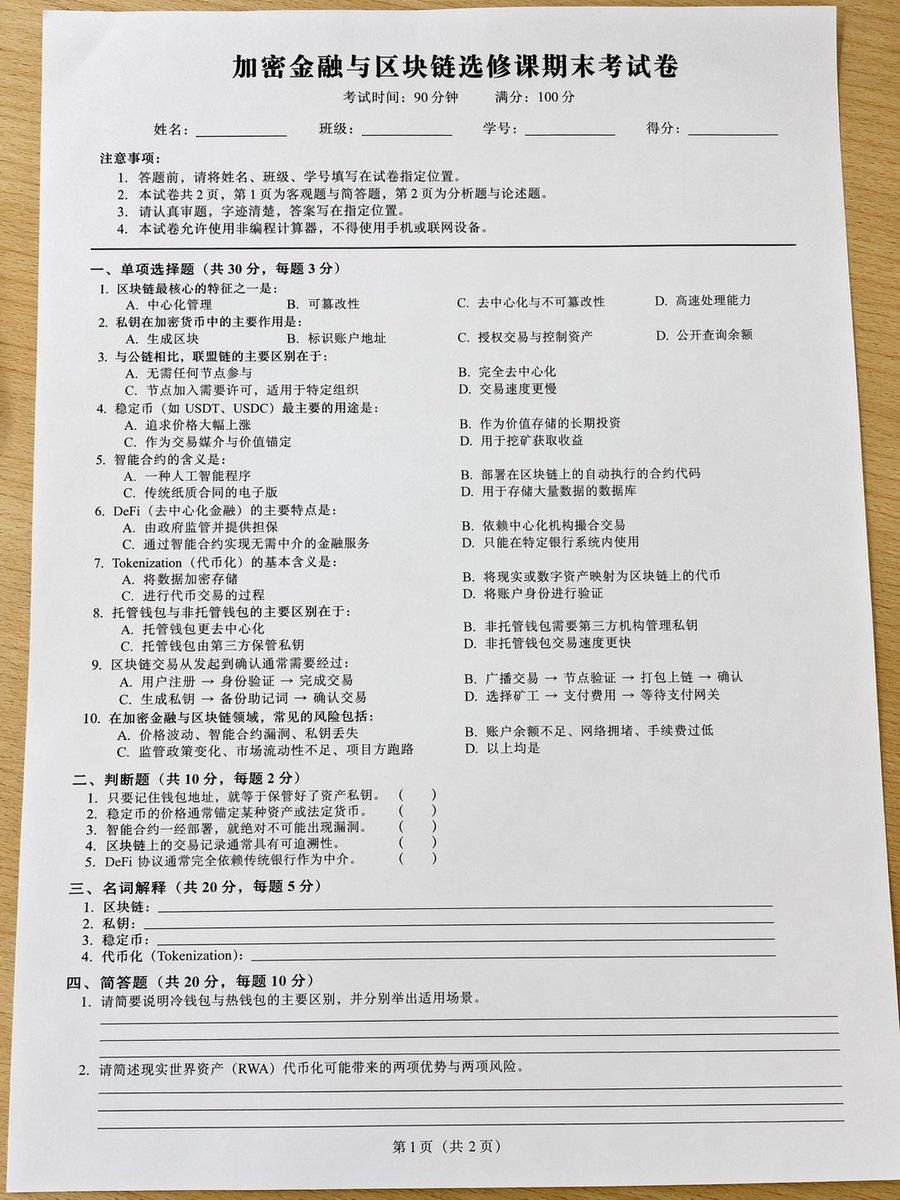 Realistic Crypto Exam Paper GPT Image 2 prompt example: A simple prompt to generate a realistic-looking photo of an elective exam paper for a cryptocurrency course.