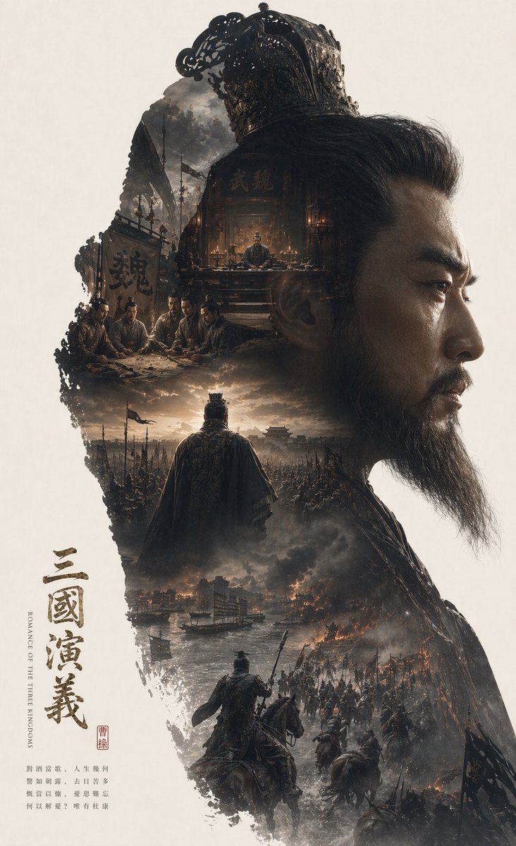 Epic Narrative Silhouette Movie Poster Qwen Image 프롬프트 예시 변형 3: A complex structural prompt that uses a character's silhouette as a container for an entire world-building scene,...