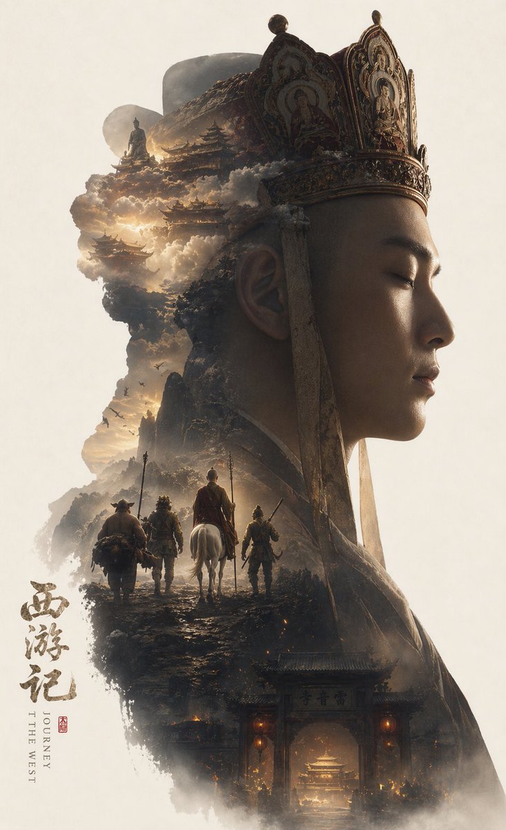 Epic Narrative Silhouette Movie Poster Qwen Image 프롬프트 예시 변형 2: A complex structural prompt that uses a character's silhouette as a container for an entire world-building scene,...