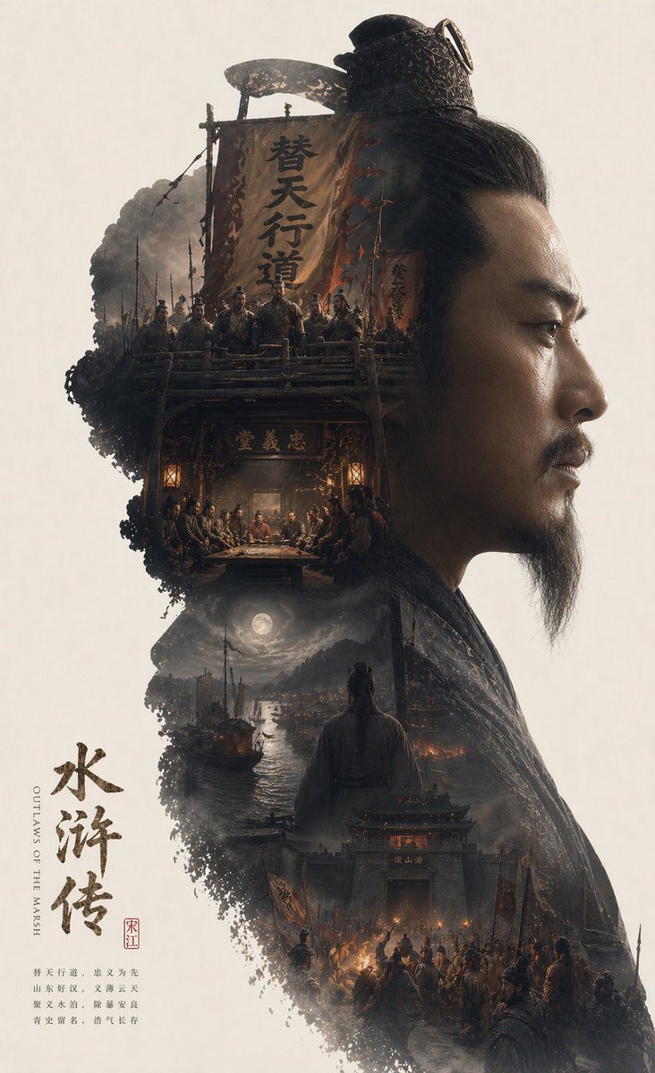 Epic Narrative Silhouette Movie Poster Qwen Image 프롬프트 예시 변형 4: A complex structural prompt that uses a character's silhouette as a container for an entire world-building scene,...