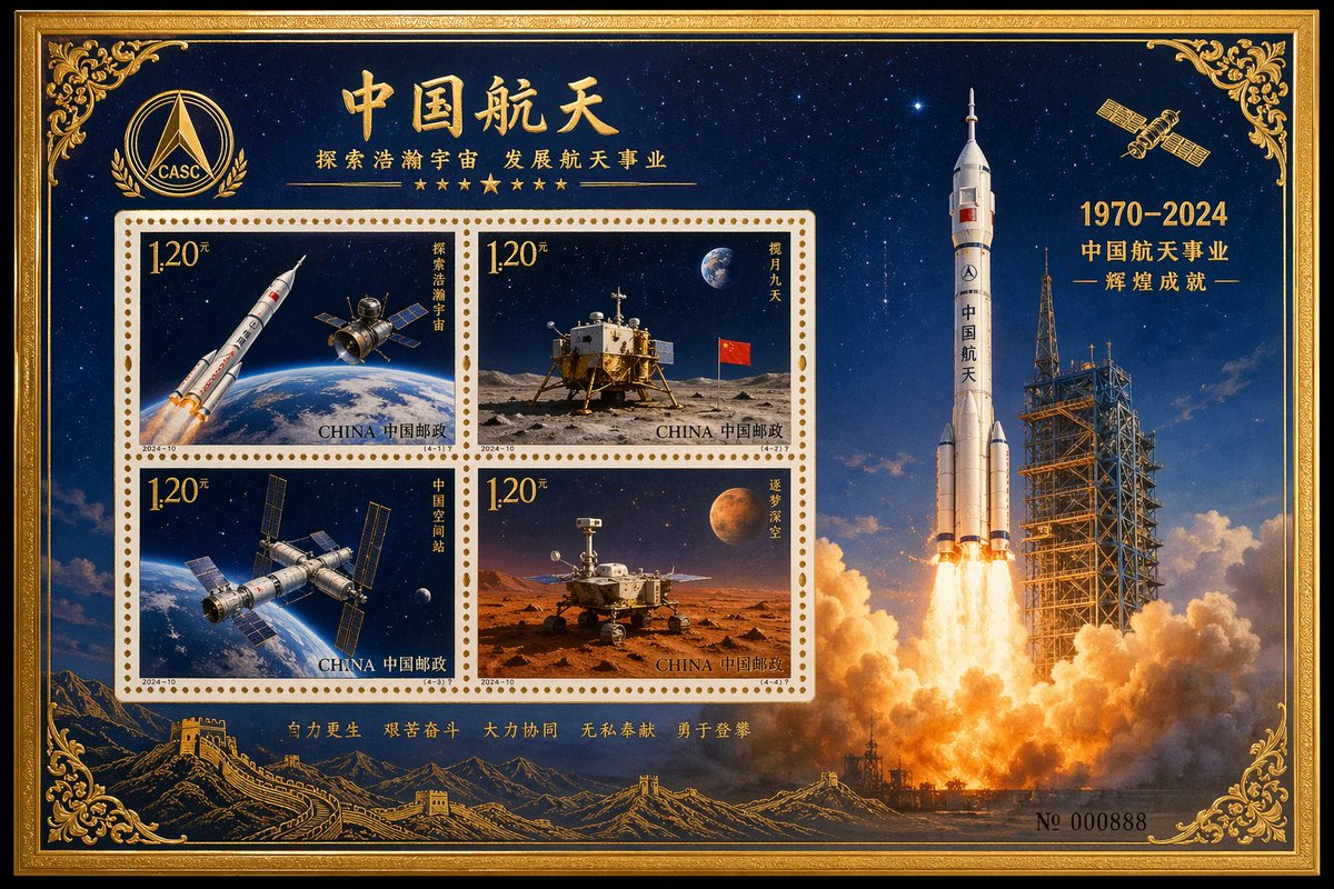 Commemorative Postage Stamp Sheet Qwen Image 프롬프트 예시: A prompt for generating a decorative souvenir sheet of postage stamps featuring aerospace themes and gold foil craft effects.