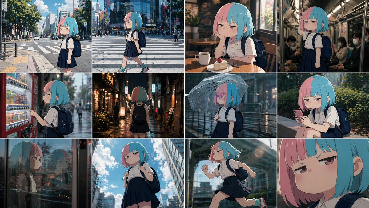 Anime Character in Real World Grid Qwen Image 프롬프트 예시 변형 2: A prompt that takes an anime character and places them in various real-world scenarios using a grid layout.