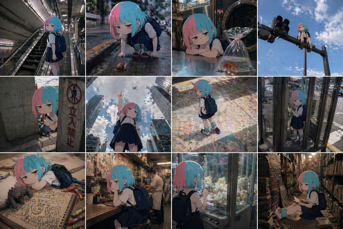 Anime Character in Real World Grid Qwen Image 프롬프트 예시: A prompt that takes an anime character and places them in various real-world scenarios using a grid layout.