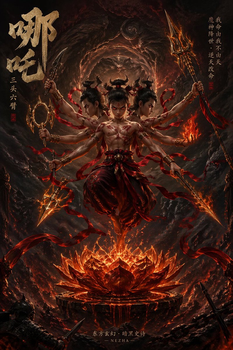 Epic Fantasy Novel Cover for Nezha Qwen Image 프롬프트 예시: Creates a dark epic fantasy novel cover featuring the mythological character Nezha in a floating, celestial void with...
