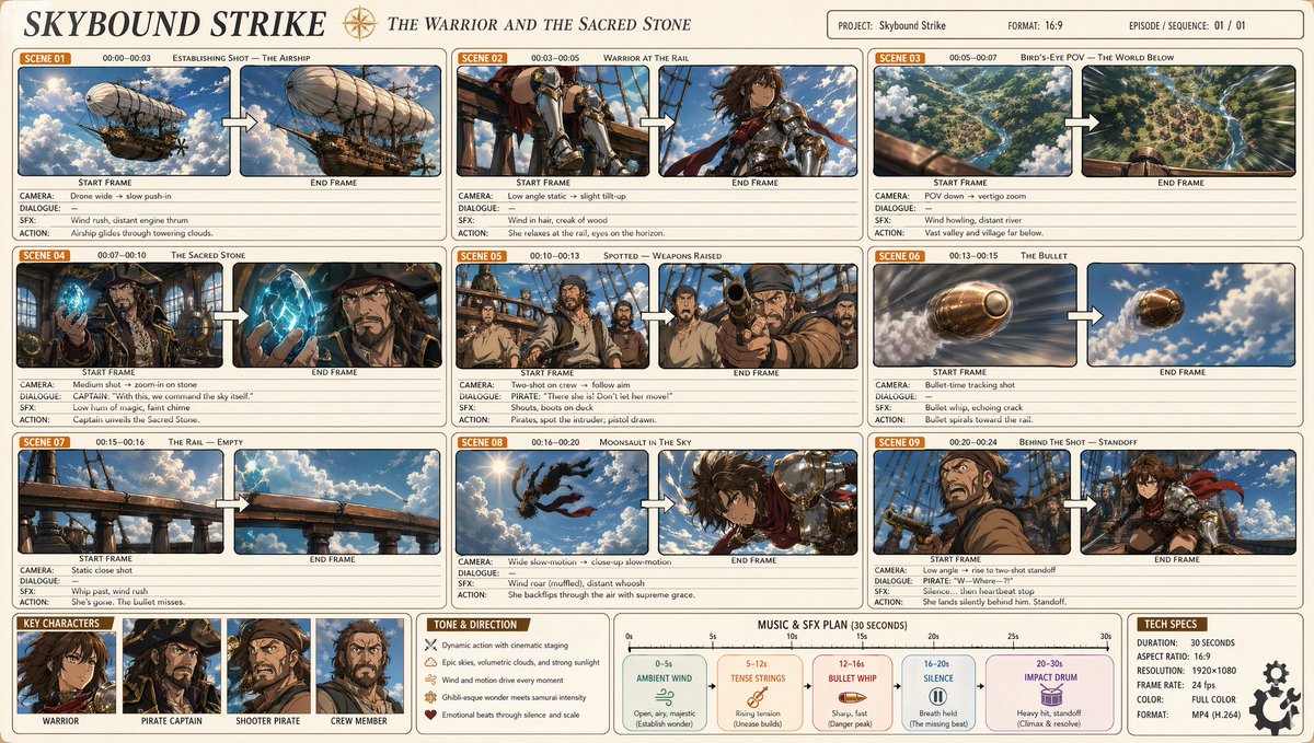 Professional Anime Cinematic Storyboard のQwen Imageプロンプト例: A highly detailed prompt for generating a professional 9-panel anime storyboard, featuring complex character actions,...