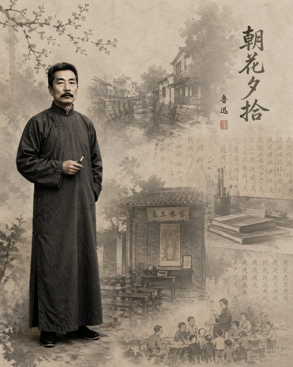 Lu Xun Literature Themed Illustration GPT Image 2 prompt example: A prompt designed to create an atmospheric illustration based on Lu Xun's 'Dawn Blossoms Plucked at Dusk',...