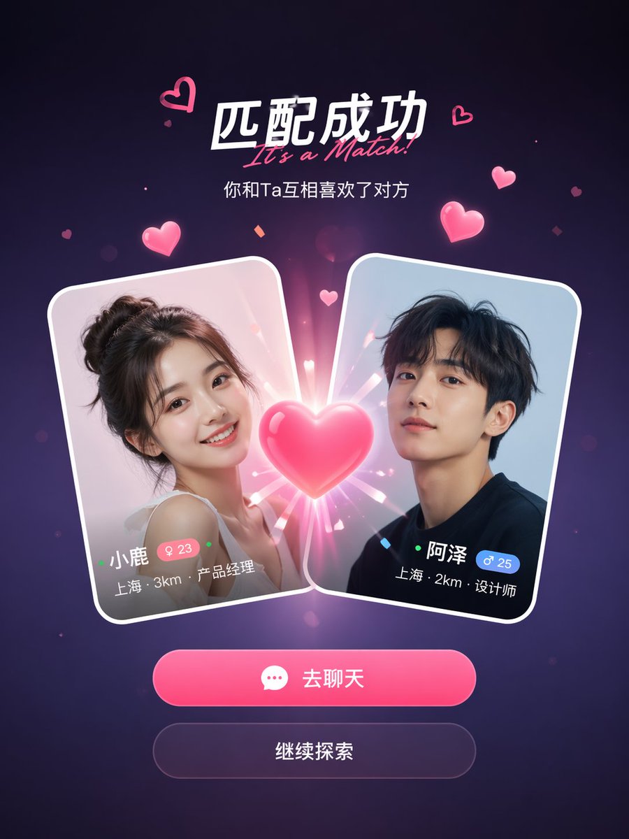 Social App Match Success UI Qwen Image 프롬프트 예시: Generates a user interface for a social application's matching screen, featuring colliding user profile cards and heart effects.