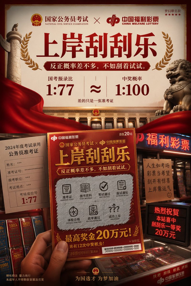 Satirical Brand Collaboration Poster Qwen Image 프롬프트 예시: A creative prompt for a satirical brand collaboration between a national exam and a lottery, blending official aesthetics...
