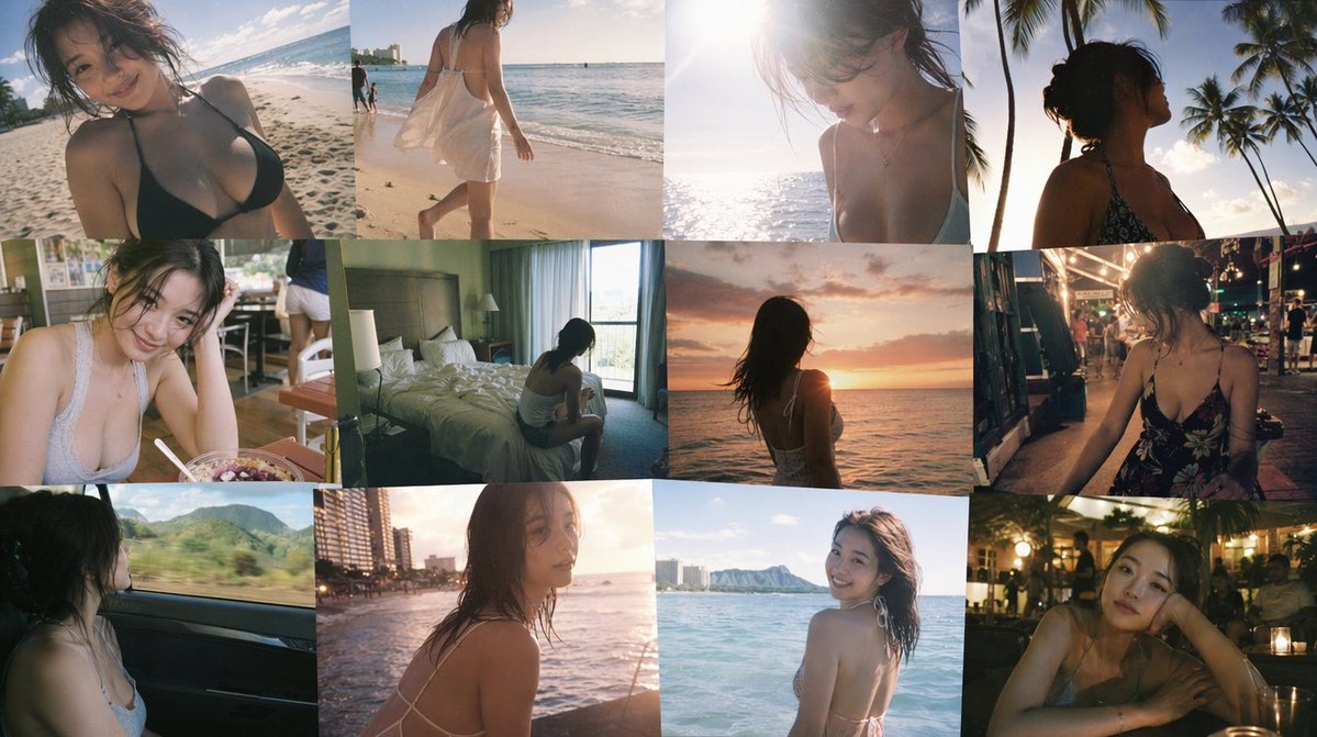 Emotional Hawaii Solo Travel Collage GPT Image 2 prompt example: A comprehensive English prompt for creating a 12-frame collage of a young woman's solo trip to Hawaii, focusing...