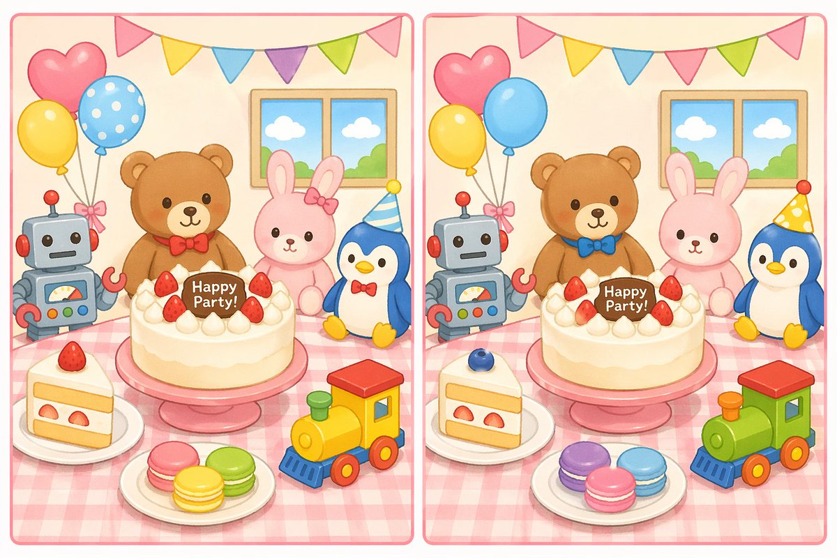 Spot the Difference Puzzle Generator のQwen Imageプロンプト例: A prompt for generating a side-by-side 'spot the difference' puzzle with a specific theme and number of hidden differences.