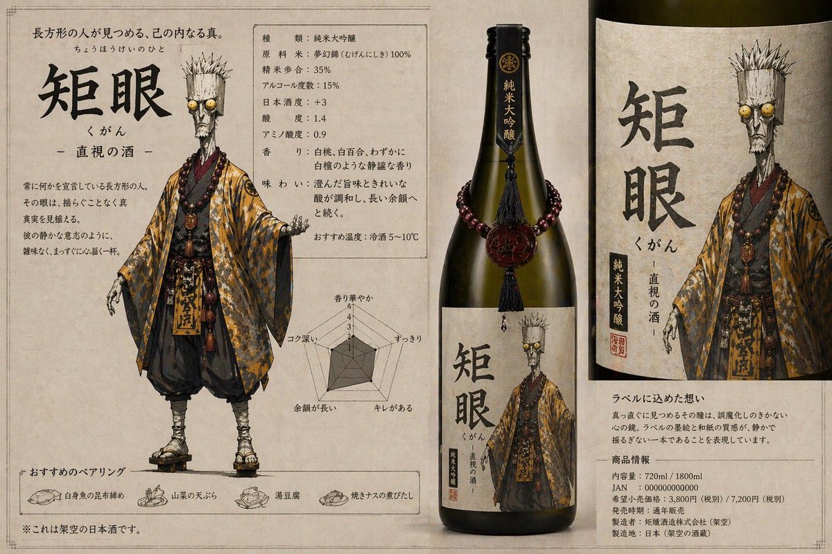 Character-Based Brand Identity Design Qwen Image 프롬프트 예시: A prompt that uses a character as a reference to design a sake product, including branding and a fitting name.